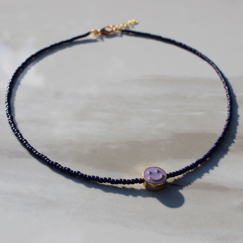 Lavender and Navy Smiley Face Seed Bead Necklace, Lobster Clasp, 1 Inch Extender